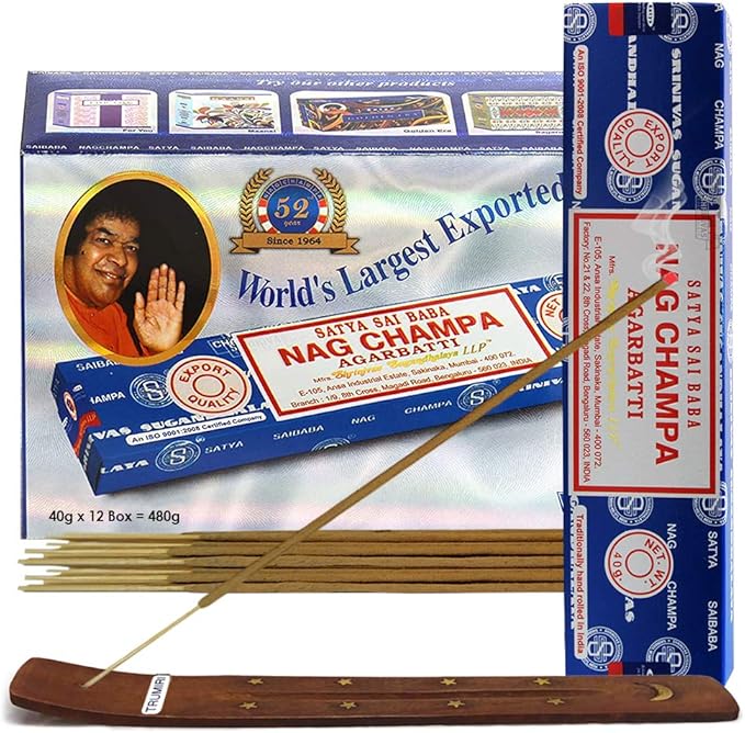 Nag Champa Incense Sticks 40g x 12 and Incense Stick Holder Bundle Insence Insense Satya Incense