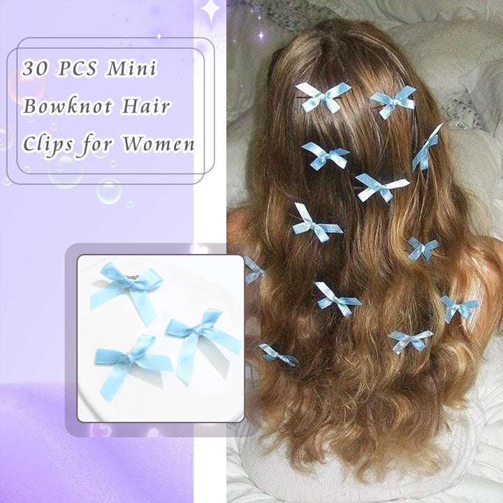SAWINDA 30PCS Hair Accessories: Pink Satin Bows, Blue Mini Ribbons, Non-Slip Barrettes - Cute Clips for Kids, Women, and Girls