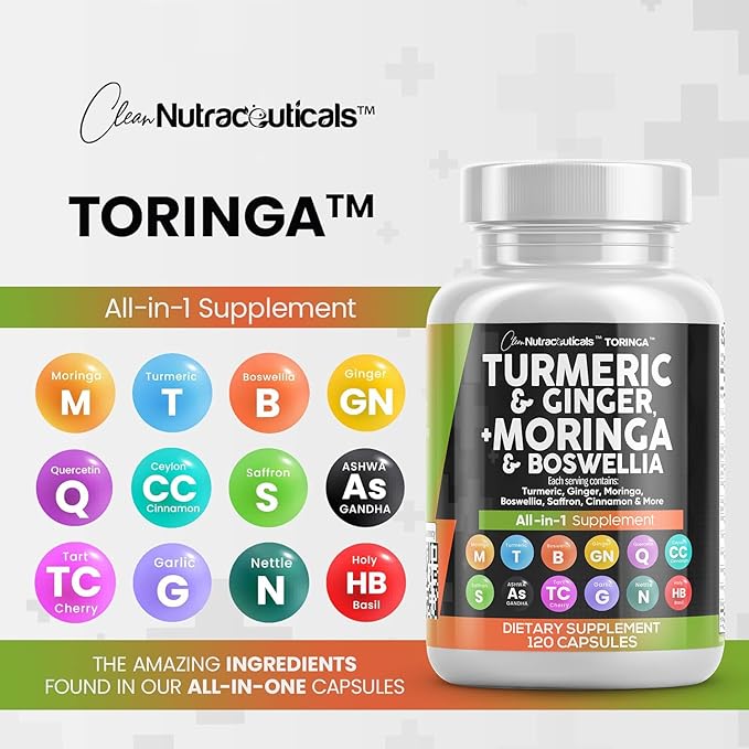 Clean Nutraceuticals Turmeric Moringa Supplement | Ginger Boswellia Saffron - Supplement for Women and Men with Ceylon Cinnamon, Tart Cherry, Quercetin Garlic Nettle Holy Basil - 1Pack