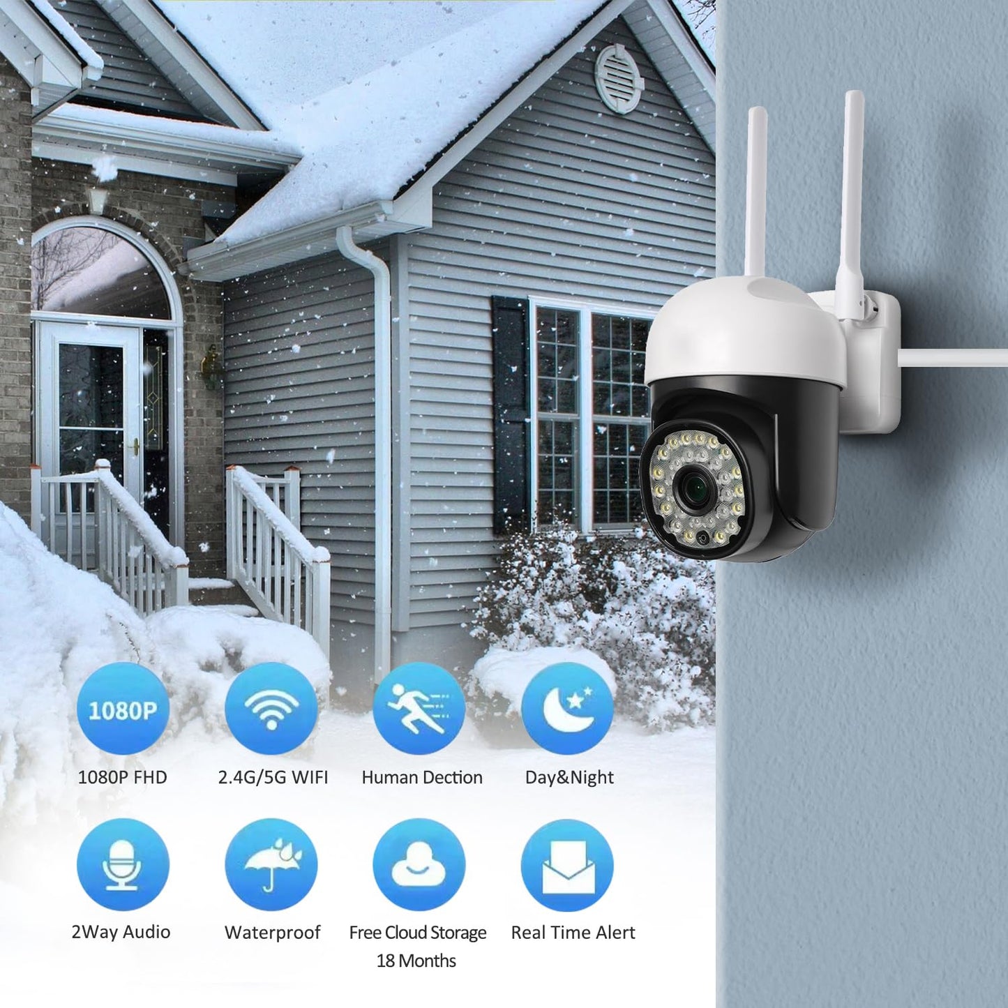 【2 Pack】eudic Security Camera Outdoor Wired Wifi 1080P, 2.4G/5G WiFi Free Cloud Storage CCTV Camera with Pan-Tilt 360° View, Color Night Vision, Motion Detection & Auto Tracking, 2 Way Audio