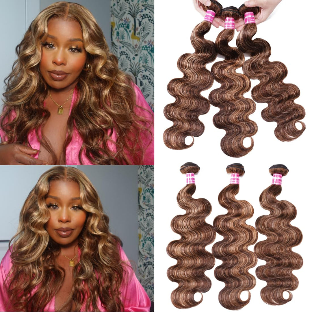 Sunber TL412 Honey Blonde Highlight Body Wave Human Hair Weave 3 Bundles for Women,12A Brazilian Remy Human Hair Bundles Balayage Colored (10” 12” 14”) Inch Human Hair Weave Sew in Extension