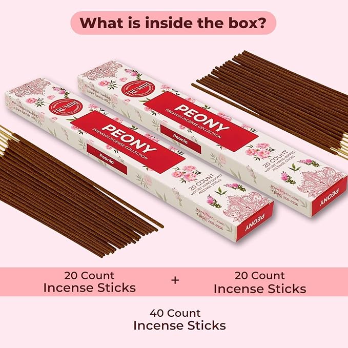 Peony Incense Sticks - Total 40 Insence-Sticks - Dual Pack of 20 Insense - Inciensos - Inscents - Natural Non Toxic Ingredients - Incents - Incence - Inscense - Insents