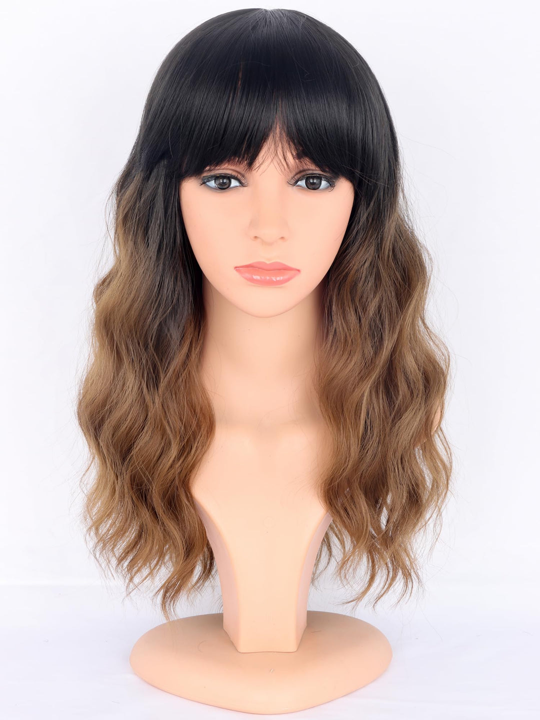 SYMEIW Ombre Brown Wavy Wigs with Bangs for Women Medium Length Brown Synthetic Wigs Natural Wavy Black To Brown Wigs Heat Resistant for Daily Party Use