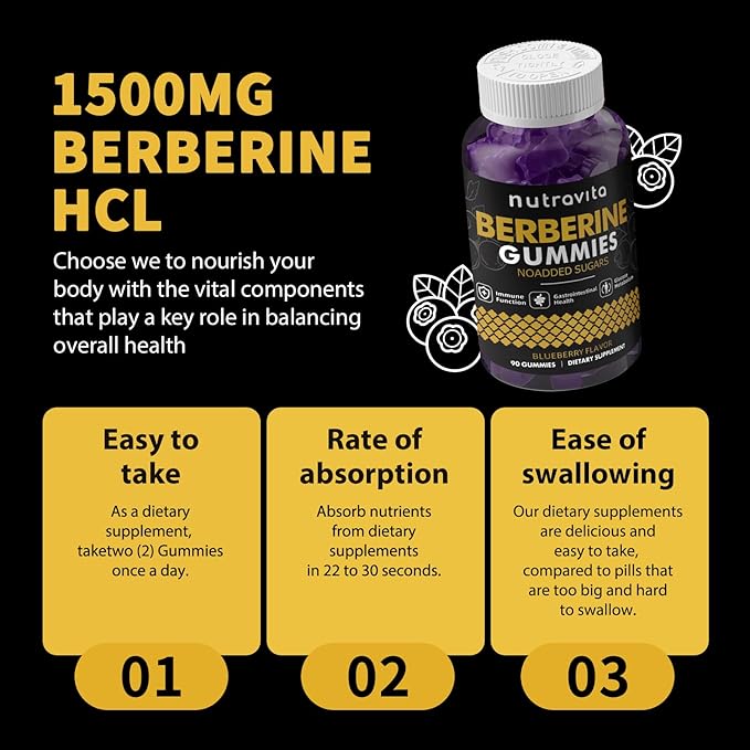 Berberine Gummies with Ceylon Cinnamon 1500mg High Potency Berberine HCL Supplement for Immune and Metabolism Support, Sugar Free Organic Berberine Gummies Blueberry Flavor-1PACK