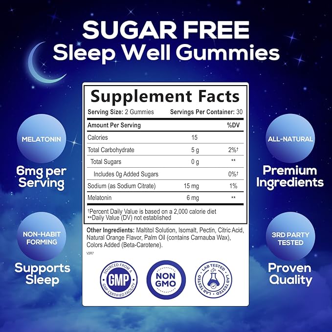 Melatonin Sleep Gummies Sugar Free - 6 mg Natural Melatonin Sleep Gummies for Adults, Extra Strength Sleep Gummy Supplements, Occasional Sleeping Support Supplement, Gomitas para Dormir - 60 Gummies