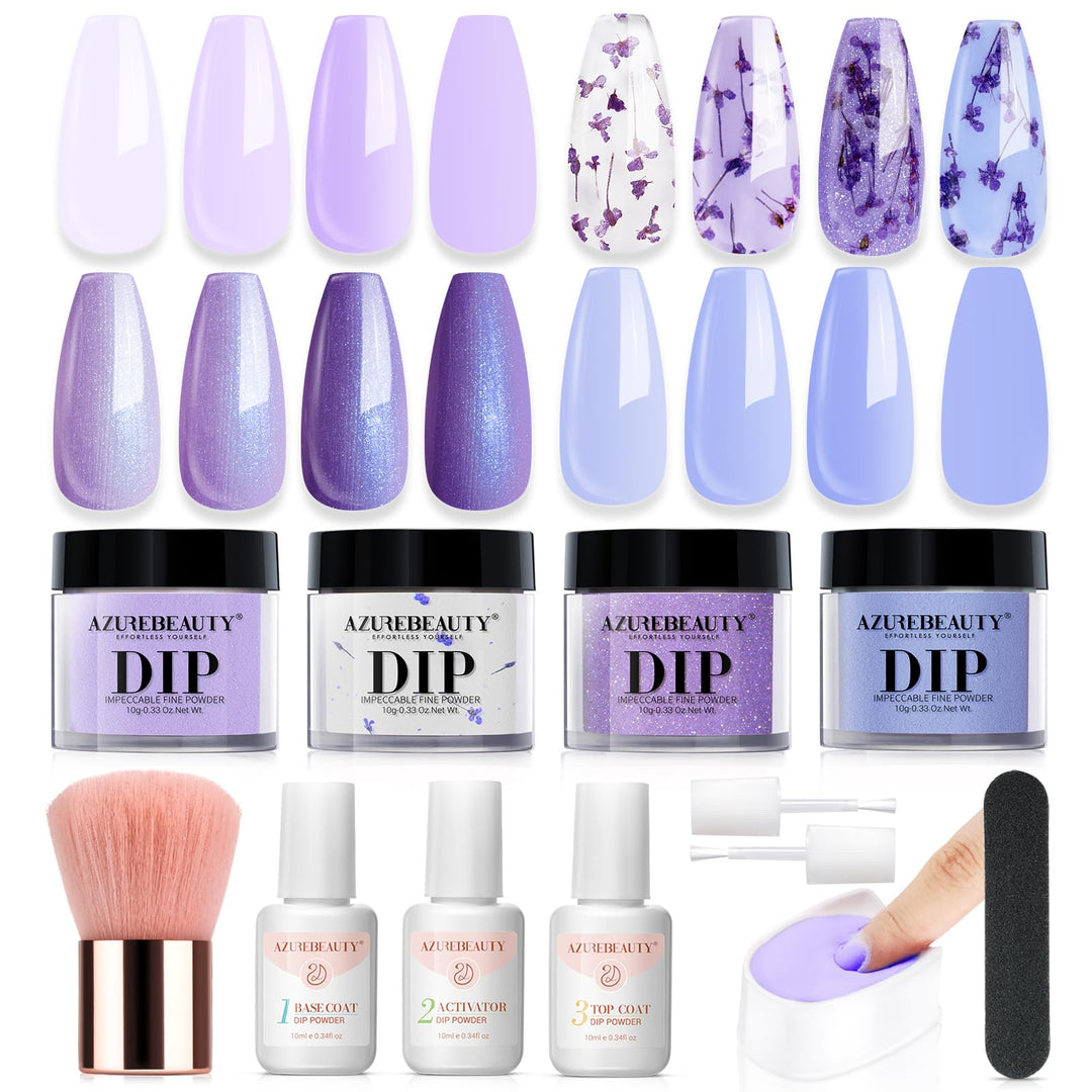 AZUREBEAUTY Purple Twilight Bloom Dip Powder Nail Kit Starter with Base, Top Coat, Activator, Spring Summer Dried Flowers for French Nails Art Manicure DIY Salon