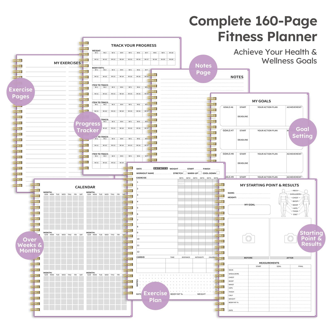 Fitness Workout Journal for Women & Men, A5(5.5" x 8.2") Workout Log Book Planner for Tracking, Progress, and Achieving Your Wellness Goals - Purple
