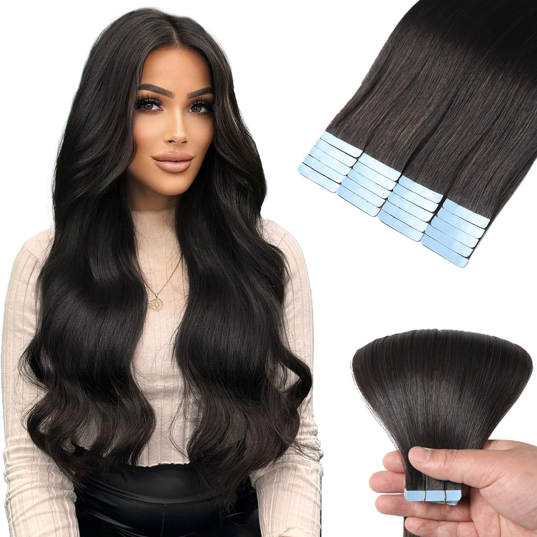 Mifes Tape in Hair Extensions Human Hair Natural Black #1B 20pcs/50g 22 Inch Natural Hair Extensions Remy Hair Invisible Long Tape in Hair Extensions Soft Natural Hair For Women
