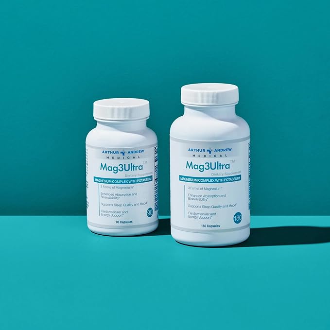 Arthur Andrew Medical, Mag3Ultra Triple Magnesium Supplement, Sucrosomial, Bisglycinate, Taurate for Muscle, Stress, Mood, Nerve, Bone & Heart Support, 90 Capsules