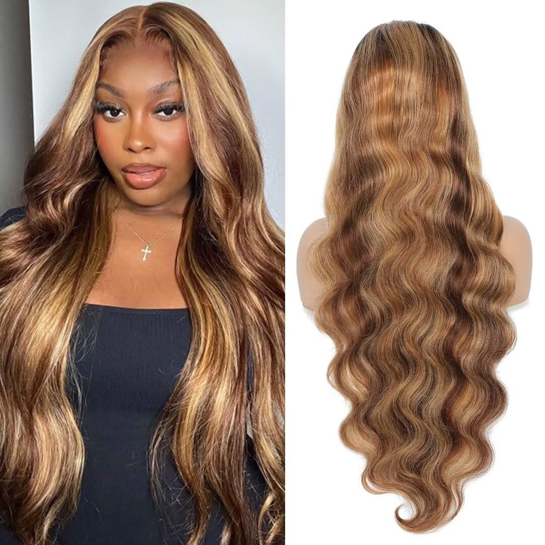 Aaliweya 34Inch 13X4 Highlight Ombre Body Wave Lace Front Wigs Human Hair Honey Blonde 13X4 Hd Transparent Lace Frontal Wigs For