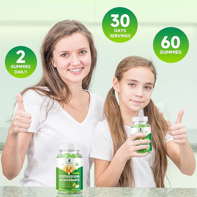 Potassium Gummies 1000mg for Adults & Kids, High Dose Potassium Gluconate Supplement Potassium Gluconate Gummies Support Muscle Cramps Electrolyte Balance, Apple Flavor 60 Count