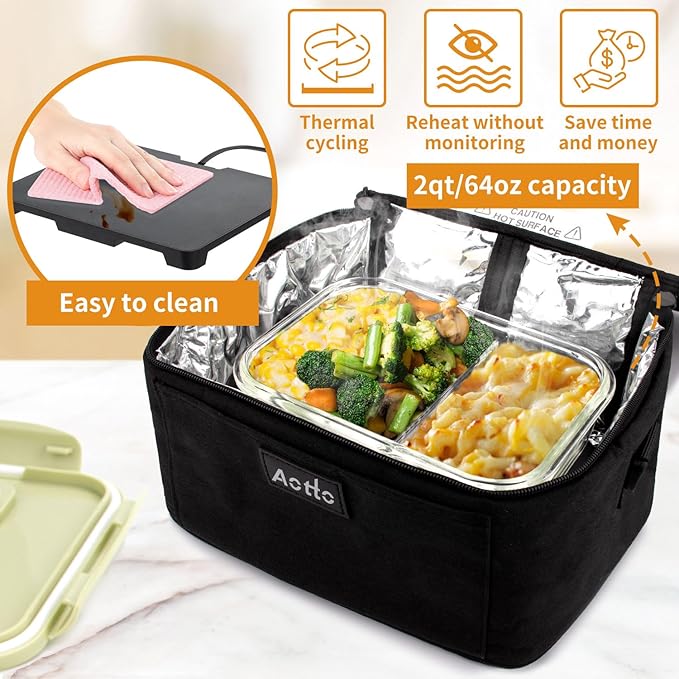 Aotto Portable Oven Electric Lunch Box Food Heater - 80W Heated Lunch Box Food Warmer for Adults, Work, Travel, Home Kitchen - Cook, Reheat, and Keep Warm (Black) 110V/120V