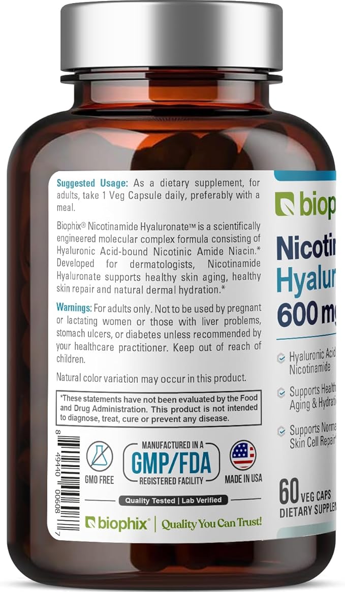 biophix B-3 Nicotinamide Hyaluronate 600 mg 60 Vcaps - Hyaluronic Acid Natural Flush-Free Nicotinic Amide Niacin - Supports Skin Cell Health