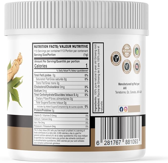 AKI American Ginseng Powder with 4% Ginsenosides - Ideal with Coffee, Beverages Like Smoothies (4oz/113g)