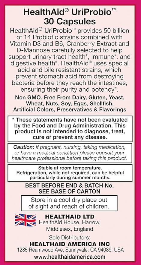 UriProbio, 30 CT, Once Daily, Women's Probiotic Supplement, 50 Billion CFU Plus Prebiotic, Supports a Healthy Urinary Tract with Vitamin D3, B6, Cranberry & D-Mannose, Vegetarian