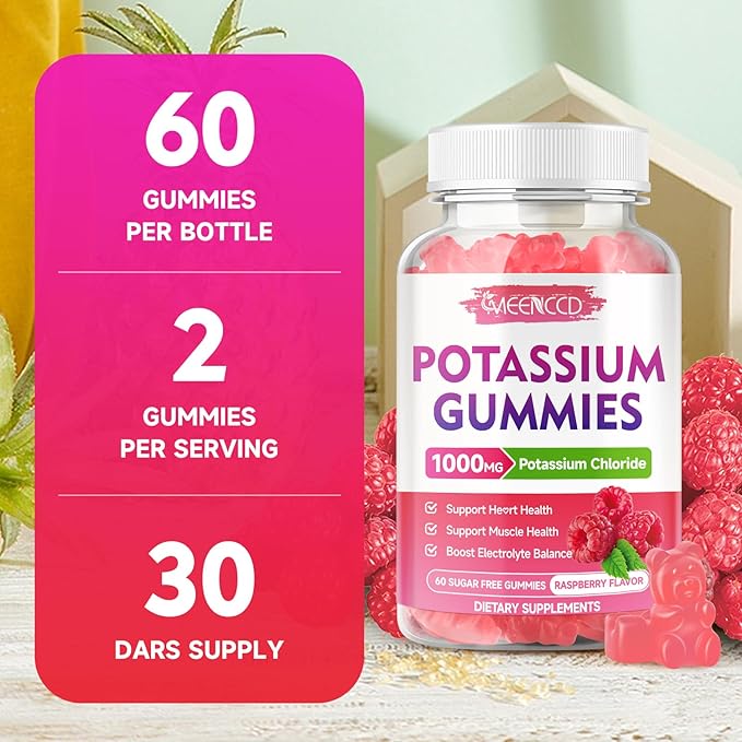 2 Pack Potassium Gummies, Potassium Chloride 1000mg for Adults, Sugar-Free Potassium Supplement Gummies Support Electrolyte Balance & Leg Cramps for Women & Men, Raspberry Flavor, 120 Count