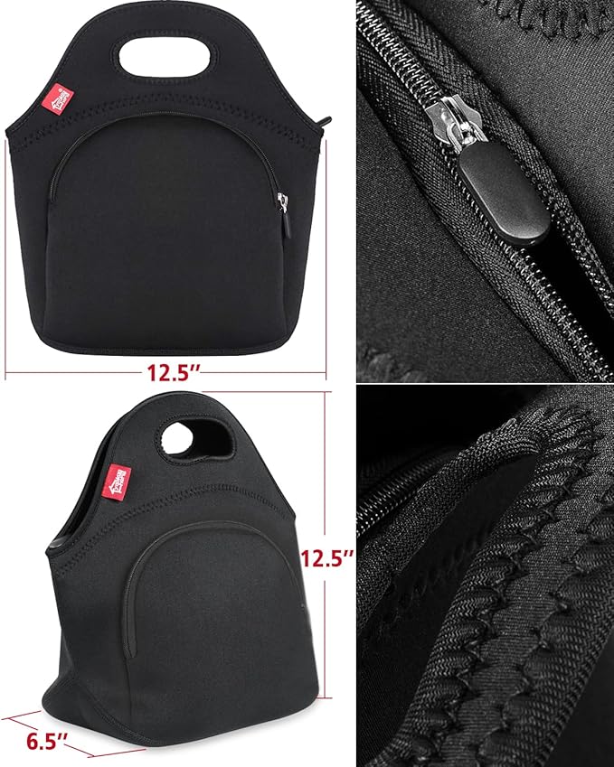 Yookee Home Neoprene Lunch Bag for Men, Black with Pocket, 12.5"L x 6.5"W x 12.5"H