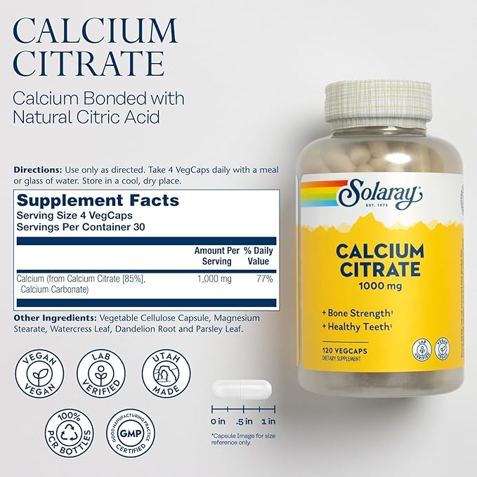 Solaray Calcium Citrate 1000mg - Chelated Calcium Supplement - Supports Bone Strength and Healthy Teeth - Easy to Digest - 60-Day Guarantee, Vegan - 30 Servings, 120 VegCaps