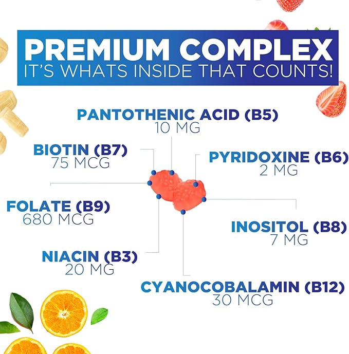 Super B Complex Gummy with Vitamin C & Folic Acid, Extra Strength Vitamin B Gummies Supplement with Niacin, B6, Folic Acid, B12, Biotin, Nature's Energy Immune Support Supplements - 60 Gummies