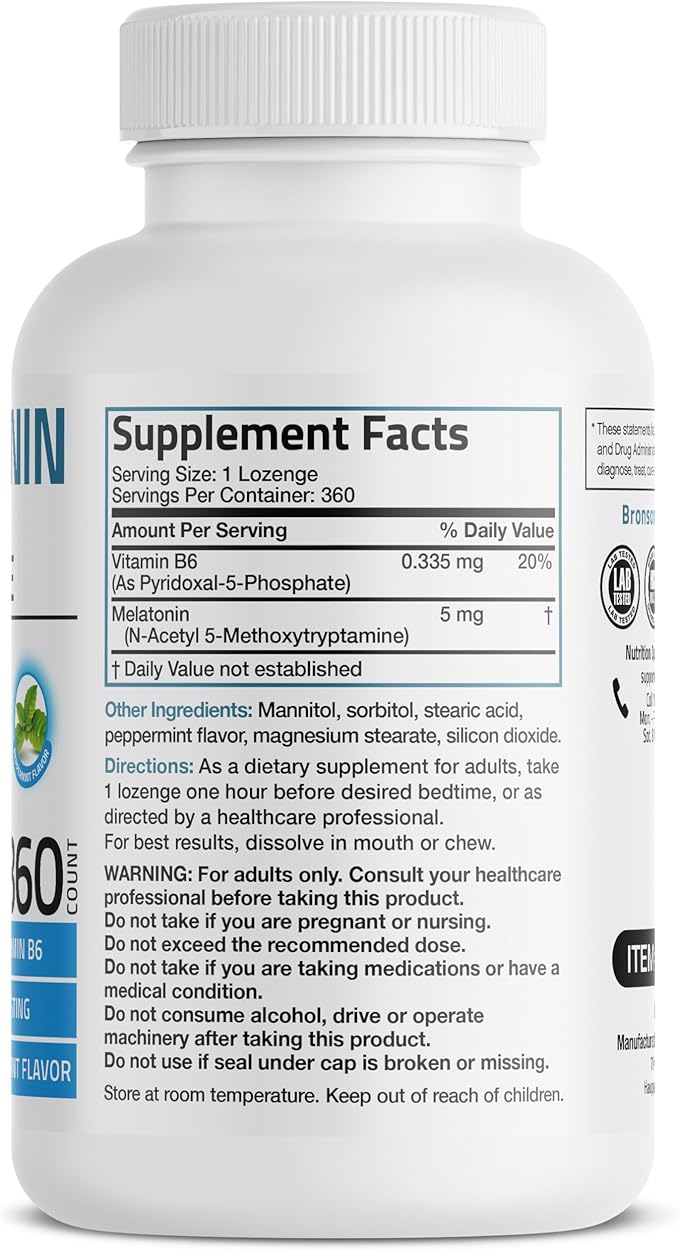Bronson Melatonin 5mg Fast Dissolve Peppermint Tablets with Vitamin B6 - Promotes Relaxation, 360 Vegetarian Chewable Lozenges
