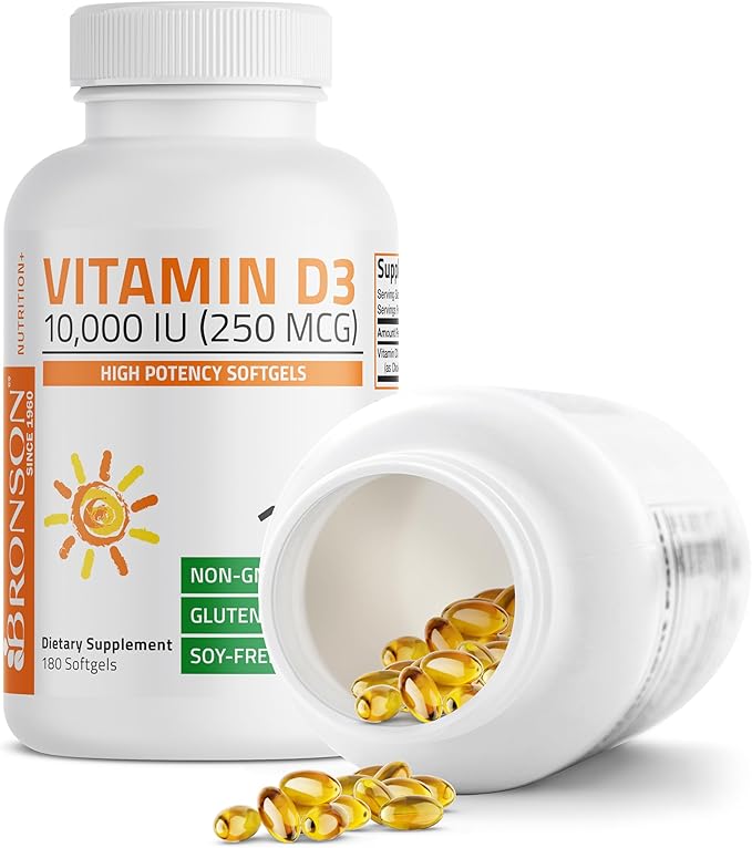 Bronson Vitamin D3 10,000 IU (250 mcg) High Potency - Supports Healthy Immune System, Strong Bones, Muscles & Teeth - Non GMO, 180 Softgels
