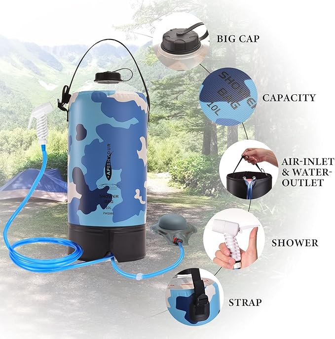 Portable Camping Shower Bag - 10L/2.2 Gallons 20/5 Gallons Solar Shower Water Bag with Foot Pump, Hose and Shower Head - Camp Shower for Camping, Beach, Travel, Outdoor Activities