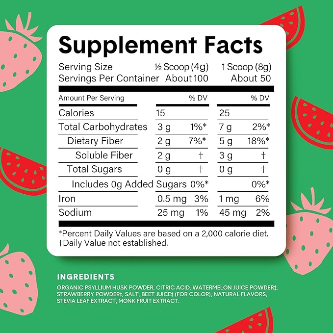 Bellway Super Fiber Powder + Fruit, Sugar Free Organic Psyllium Husk Powder Fiber Supplement for Regularity, Bloating Relief & Gut Health, Non-GMO, Plant-Based, Strawberry Watermelon (50 Servings)