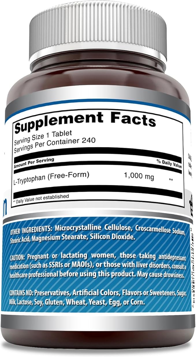 Amazing Formulas L-Tryptophan 1000mg Tablets Supplement | Non-GMO | Gluten Free | Made in USA (240 Count)