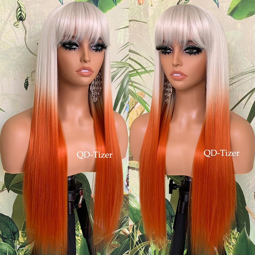 QD-Tizer Long Straight Orange Synthetic Wigs with Bangs Heat Resistant Fiber Glueless Synthetic No Lace Wigs for Fashion Women White Hair Party/cosplay Wigs