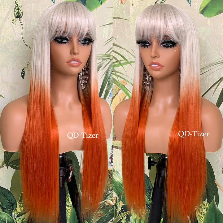 QD-Tizer Long Straight Orange Synthetic Wigs with Bangs Heat Resistant Fiber Glueless Synthetic No Lace Wigs for Fashion Women White Hair Party/cosplay Wigs