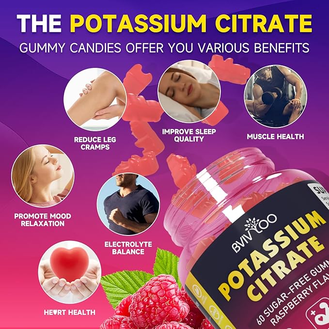 Potassium Citrate Gummies for Adults, Sugar-Free Potassium Gummies 1000mg Support Leg Cramps & Electrolyte Balance High Potency Potassium Supplement Gummies 120 Count