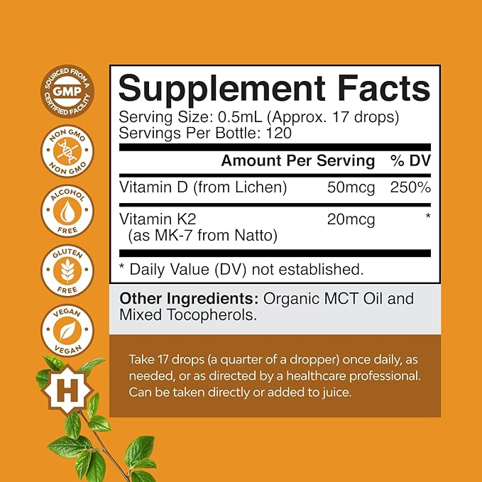 Liquid Vitamin D3 with K2 for Adults - Organic Vitamin D3 K2 Drops with 2000IU per Serving - Vegan Vitamin D3 Liquid Drops for Bone Muscle Heart & Immune Support with MCT Oil for Enhanced Absorption