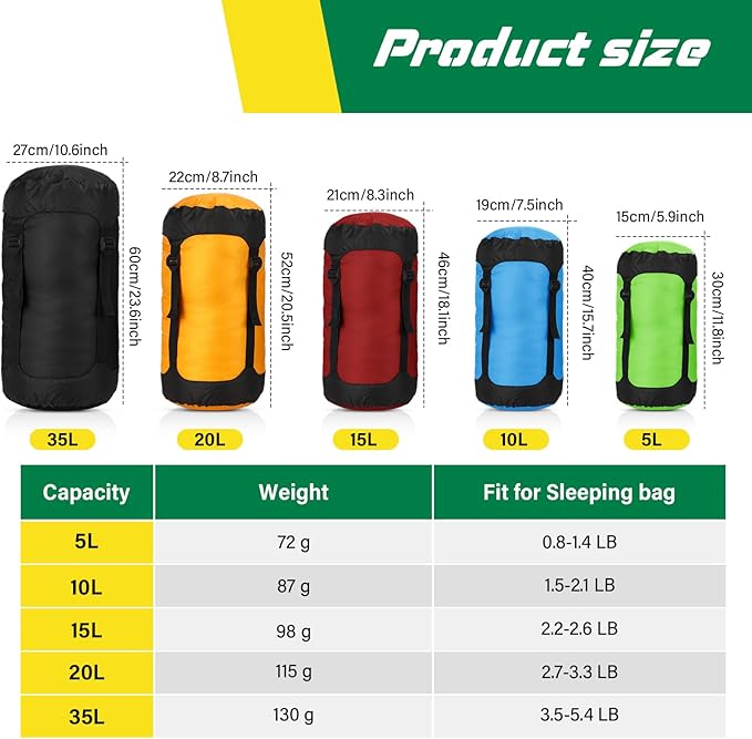 5 Pcs Compression Sacks for Backpacking 5L/10L/15L/20L/35L Camping Sleeping Bag Stuff Sack Water Resistant Sleeping Bag Storage Sack for Space Saving Hiking Gear