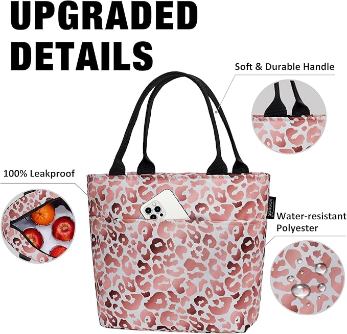 Aosbos Leopard Lunch Bag Women Lunch Bags for Adult Lunch Box for Women Insulated Lunch Tote Bag Lunchbox Portable Cooler Bag Bento Box Bag for Work, Pink Leopard Print