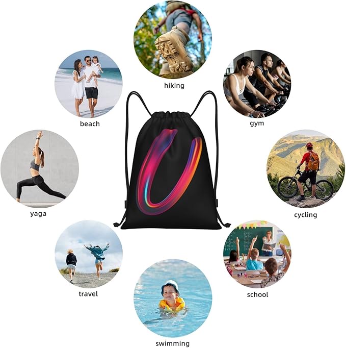 Drawstring Bags Initial Drawstring Backpack Sackpack Black Draw String Cinch Bags for Sports, Gym, Travel, Swimming, Beach, Camping, Rainbow Letter U
