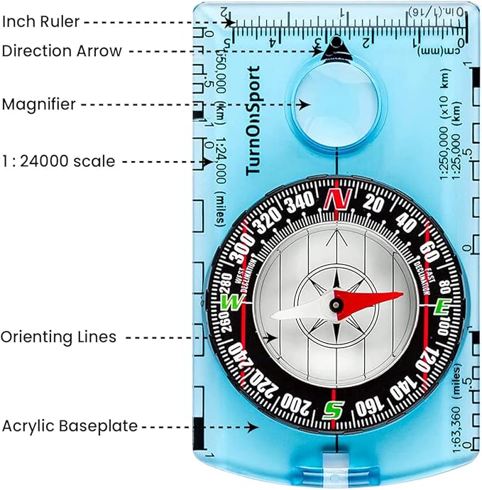 TurnOnSport Orienteering Compass - Advanced Scout Compass for Hiking, Camping, and Backpacking - Best Survival Gifts for Kids