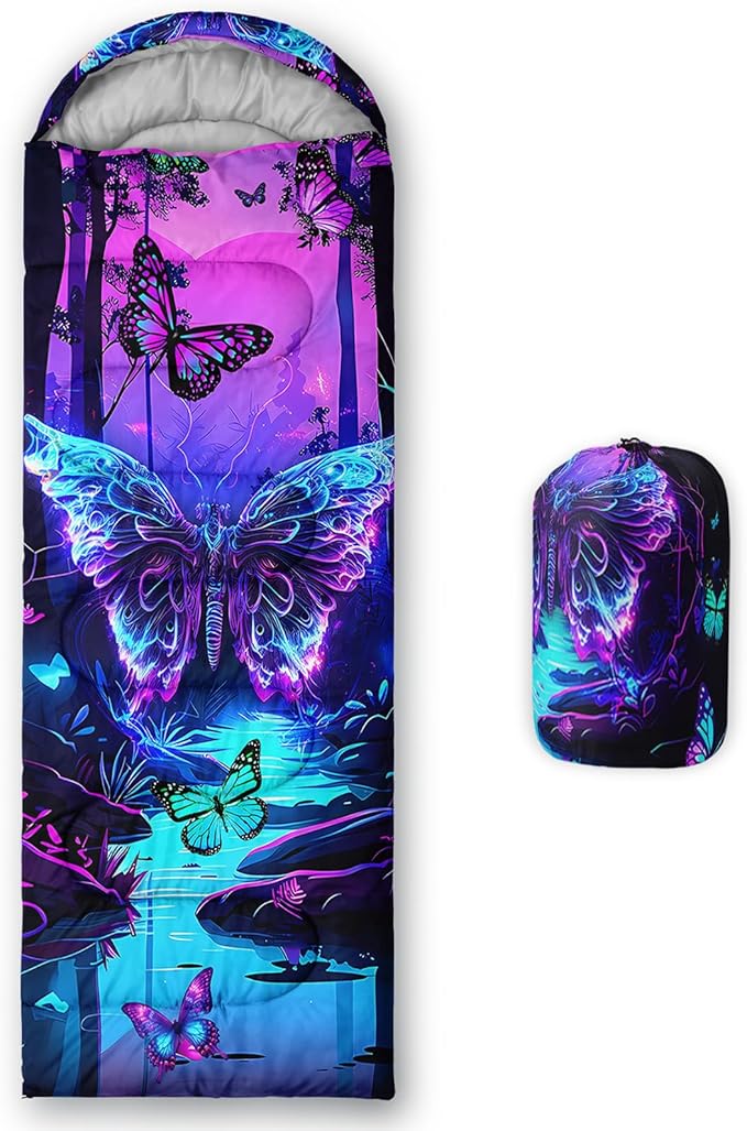 AILONEN Kids Floral Cat Camping Sleeping Bags,Lightweight & Waterproof,3 Season Warm & Cool Weather,Kawaii Kitten Sleeping Bags for Girls Adults,Travelling,Outdoors