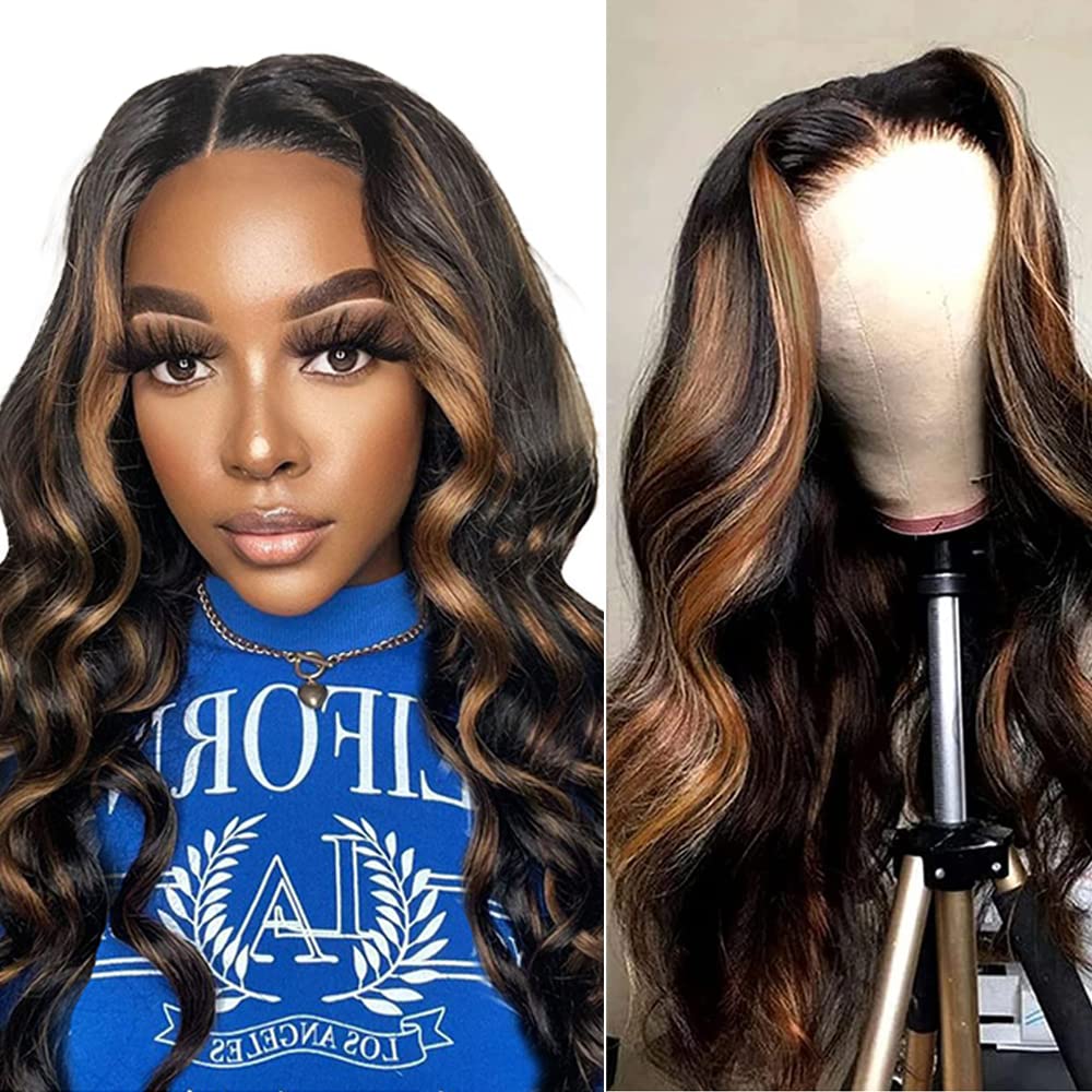 Highlight Ombre Lace Front Wigs Human Hair 18Inch Ombre Colored #1B/30 Body Wave Human Hair Wigs Highlight Honey Blonde 13X4 Tra