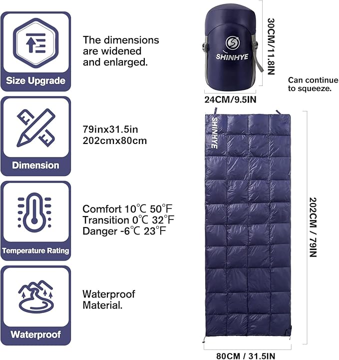 ShinHye Ultralight Sleeping Bag for Adults - 500g Premium Duck Down Waterproof & Compressible, 3 Season Backpacking Camping 40-59℉, Compact Lightweight Sleeping Bag with Compression Sack