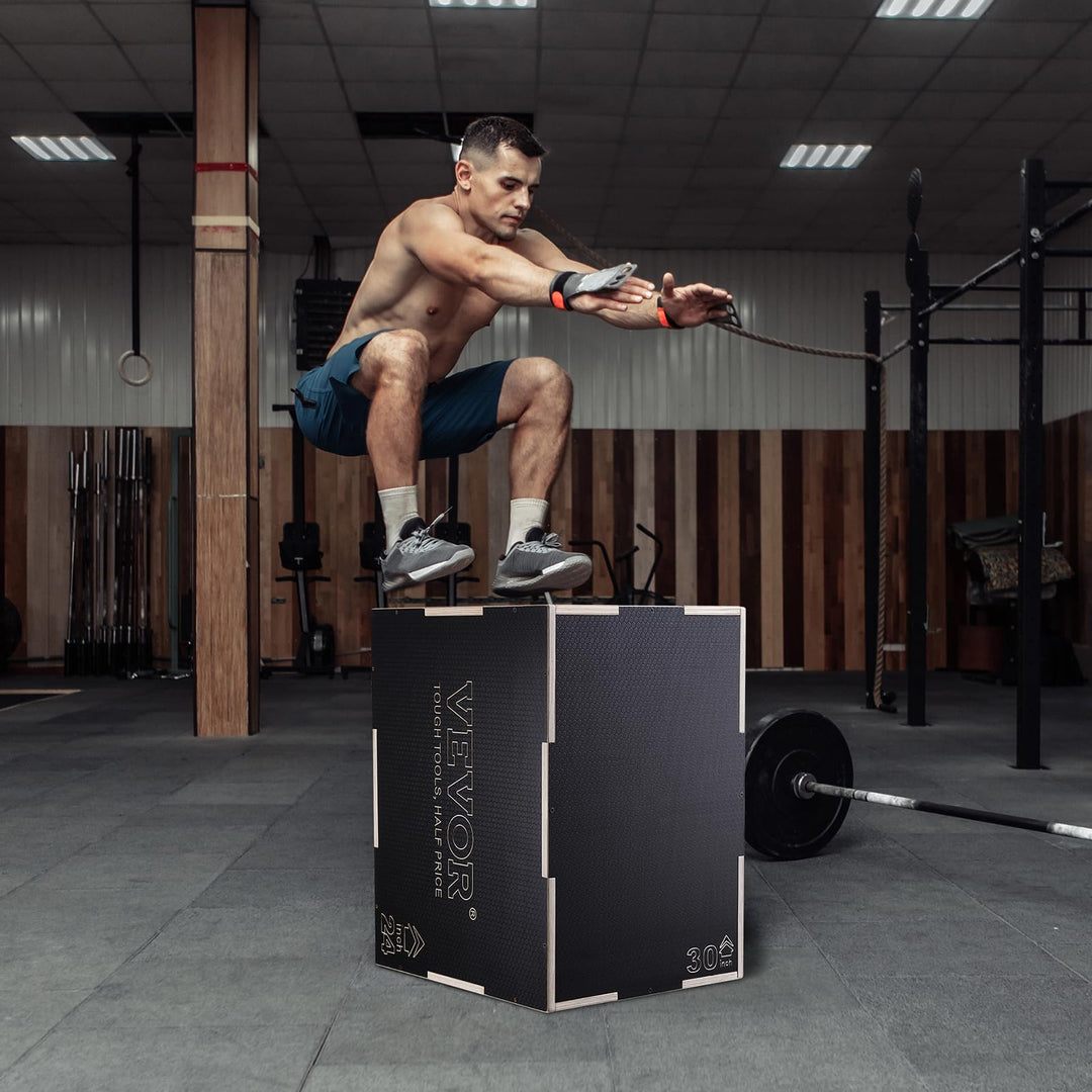 VEVOR 3 in 1 Plyometric Jump Box, Easy-to-Assemble Wood Plyo Box for Jumping Trainers, Home Gym Training and Conditioning, 30" x 24" x 20"