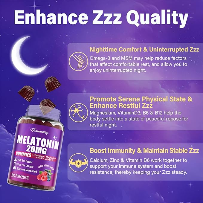 Melatonin Gummies 20mg for Adults - Maximum Strength Melatonin Gummies with L-Theanine, Magnesium, Omega-3, MSM, D3 & Zinc - Non-Habit Forming, Vegan, Non GMO, Natural Mixed Berry Flavor