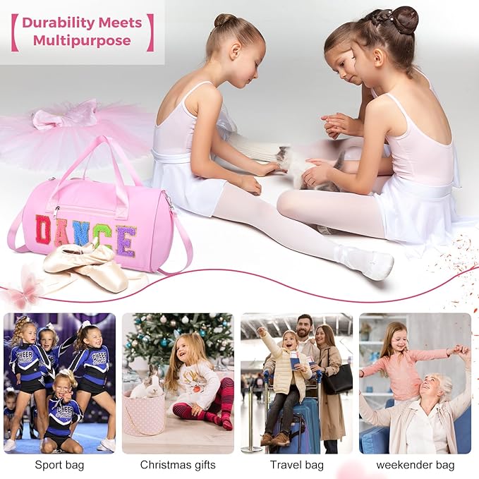 Dance Bag for Girls, KUIRAN 23L Waterproof Travel Duffel Bag with Colorful Chenille Letter, Lightweight Small Gym Sport Ballet Bag Weekender Bag with Large Main Compartment - Pink