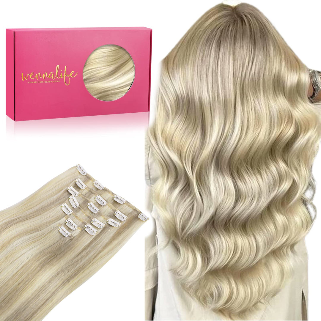 Wennalife Clip In Hair Extensions, 24 Inch 120G 7Pcs Real Human Hair, Ash Blonde Highlighted Platinum Blonde Remy Clip Ins