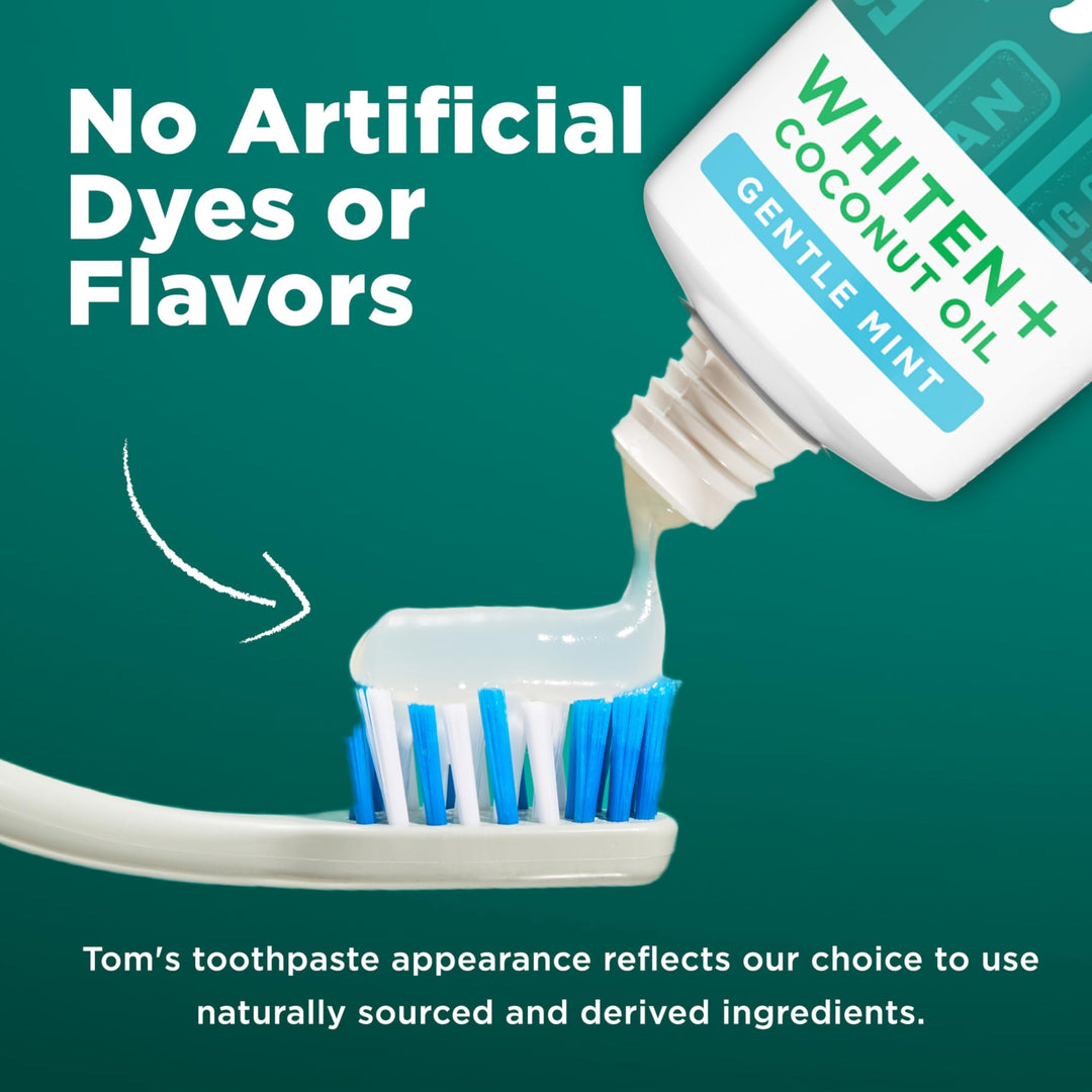 Tom’s of Maine Whiten Plus Coconut Oil Fluoride Free Toothpaste, Natural Whitening Toothpaste with Coconut Oil and Plant-Based Cleansers, Whitens Without Causing Sensitivity, Gentle Mint, 4.0 Oz