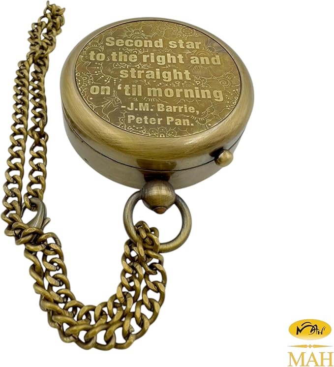 Second Star to The Right J. M. Barrie, Peter Pan Engraved Handmade Brass Compass for Birthday, Graduation Day, Confirmation Gift, Valentine Gift Parting Gift and Campion, Hiking Compass with Case