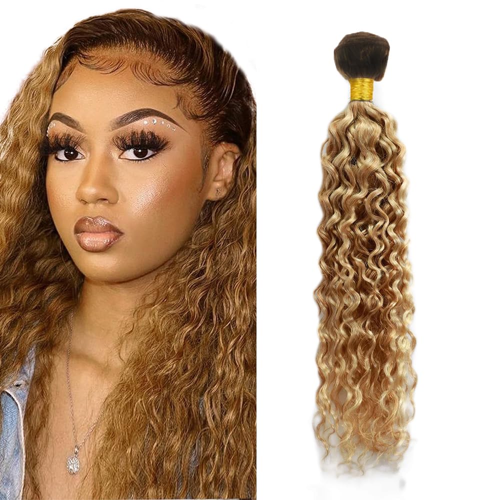 1b27 Water Wave Bundles Human Hair Ombre Human Hair Bundles 8 Inch Honey Blonde Wet and Wavy Hair Weave Brazilian Virgin Human Hair Blonde Water Wave Bundles