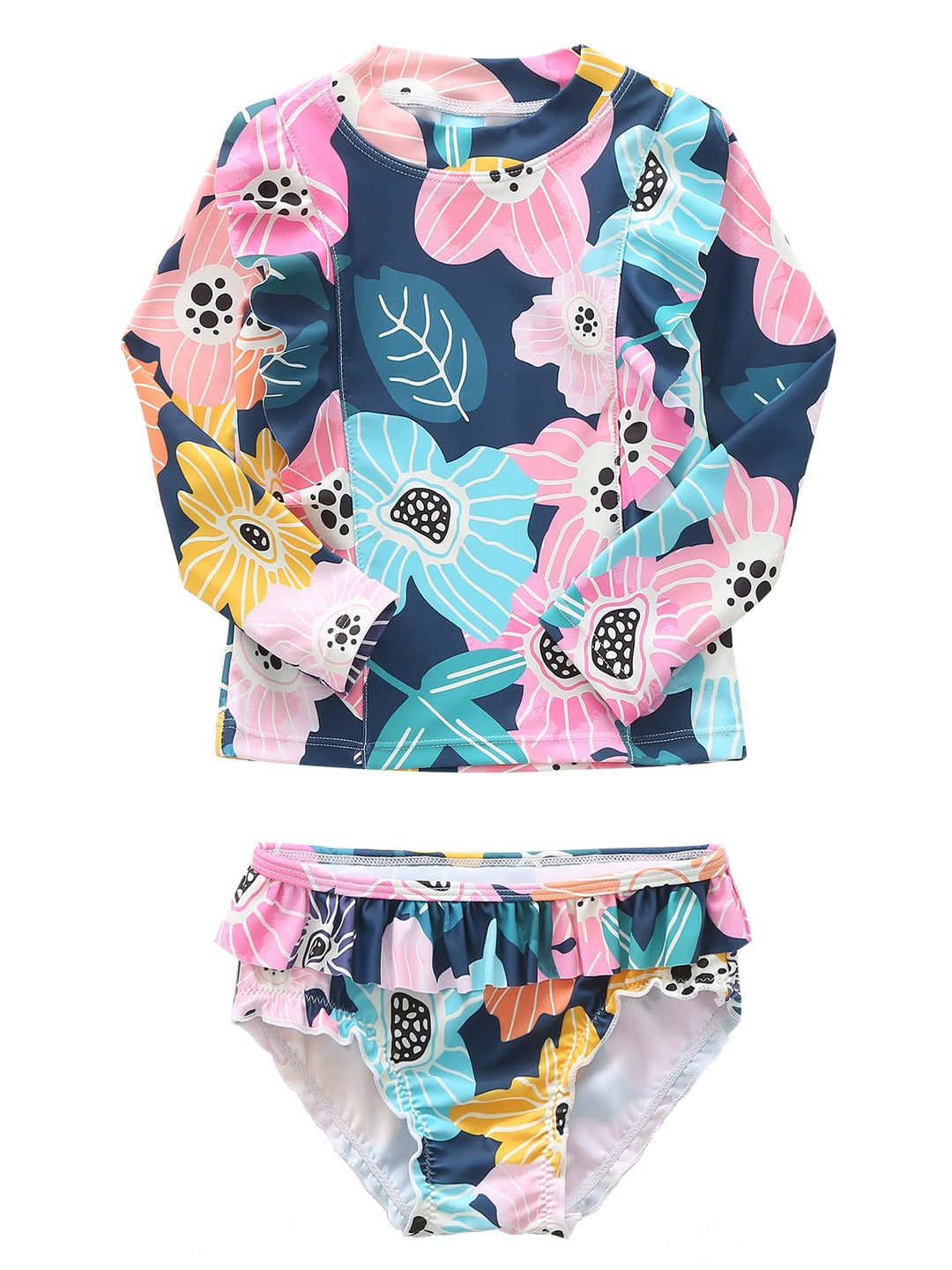 Toddler Girls Rash Guard Swimsuits Set Long Sleeve Bathing Suits Two Piece Swim Set for Girls Hawaiian Floral 5T