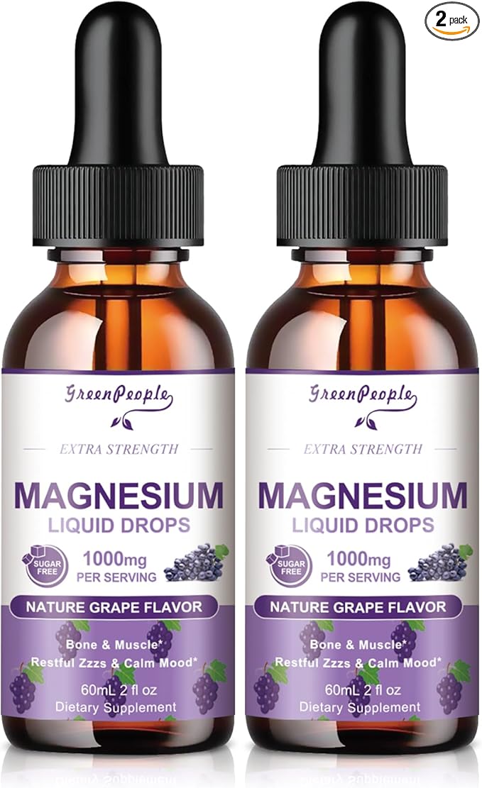 Magnesium Glycinate Liquid Drops - 1000mg 5-in-1 High Absorption Liquid Magnesium Complex with D3/K2/B6 | Fast-Acting, Bone, Muscle & Sleep | Sugar-Free Grape Flavor, 2fl Oz 2 Pack