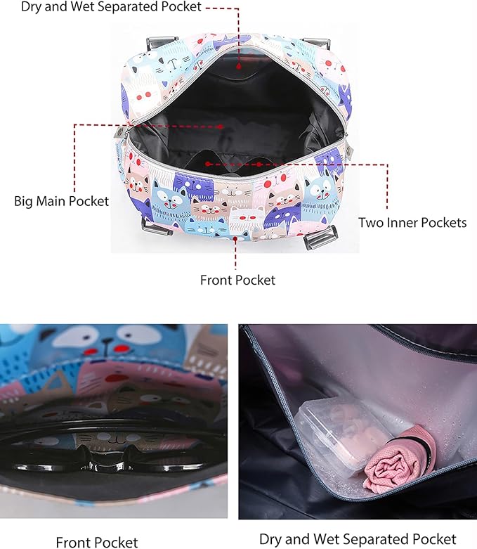 Travel Duffle Bag Weekender Overnight Bag Gym Tote with Wet Pocket for Women Girls Workout Duffel Bag Water Resistant (W-Cute Cats+Toiletry Bag)
