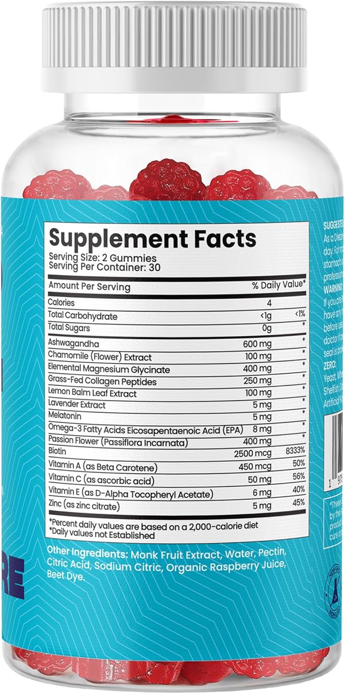 All in One Stress Skin Sleep Gummies w/Magnesium Glycinate, Grass Fed Collagen, Vitamin A, C, E & Zinc | Sleep & Glow Gummies for Adults | 60 Gummies